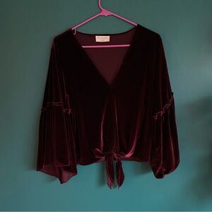 Anthropologie Lavender Field Burgundy Velvet Bell Sleeve Top